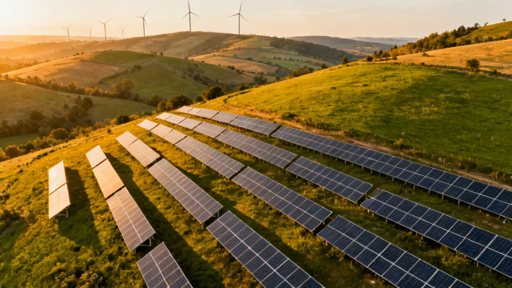 Panneaux solaires et éoliennes dans un paysage verdoyant au coucher du soleil